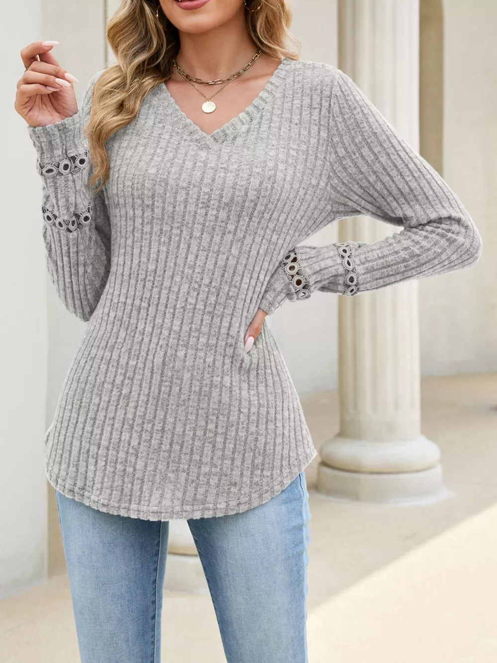 V-Neck Ribbed Knit Top with Eyelet Cuff Detail, image 25