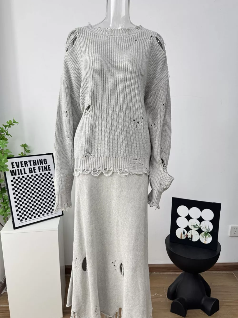 Distressed Long Sleeve Sweater and Skirt Set