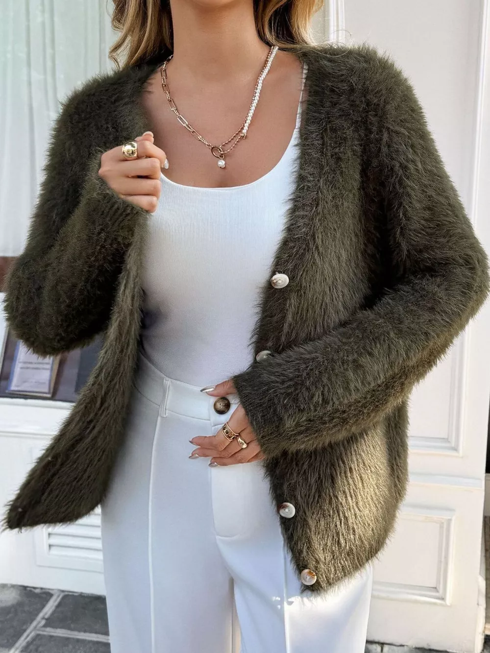 Fuzzy Knit Button-Up Cardigan, image 3