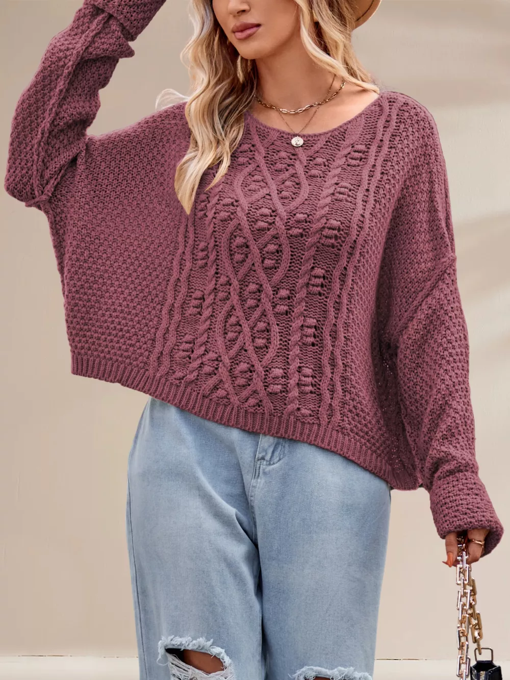 Textured Knit Round Neck Sweater, image 4