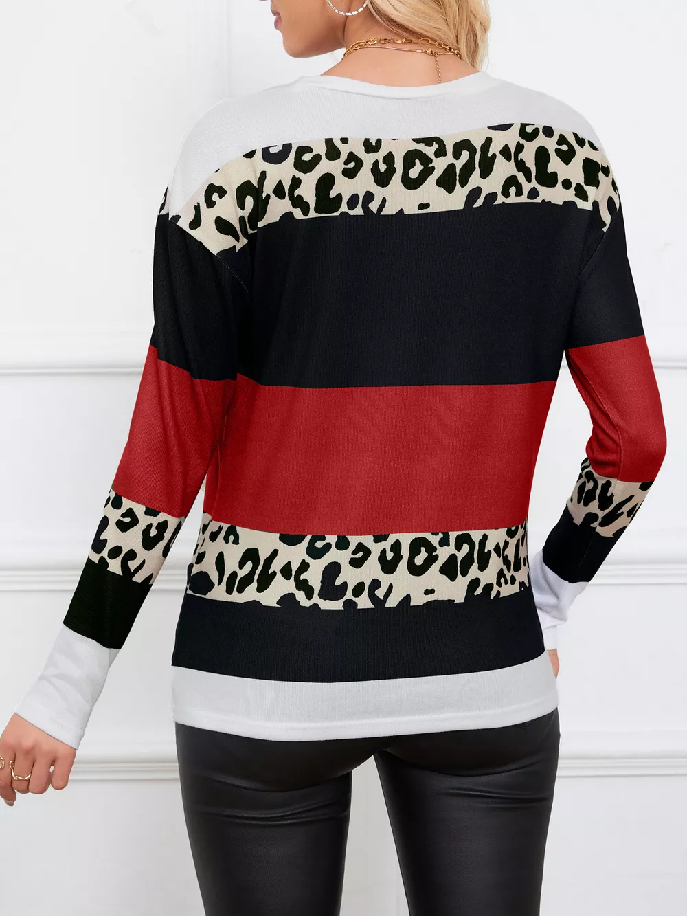Leopard Color Block Striped Knit Top, image 16