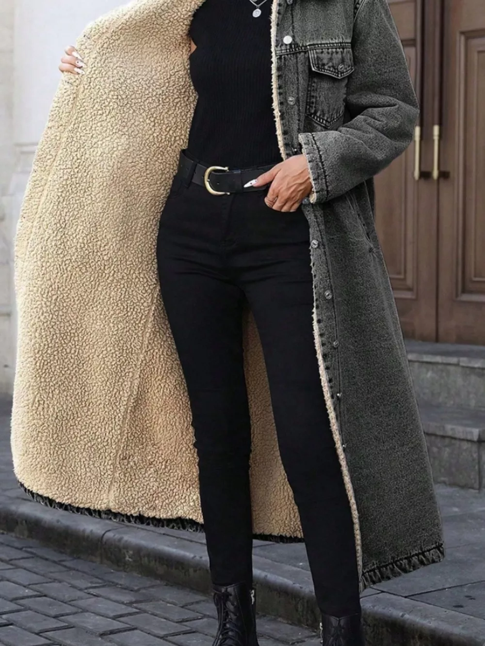 Sherpa Lined Longline Denim Jacket, image 9