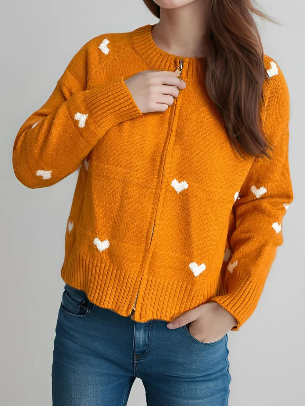 Heart Round Neck Zip Up Cardigan, image 12