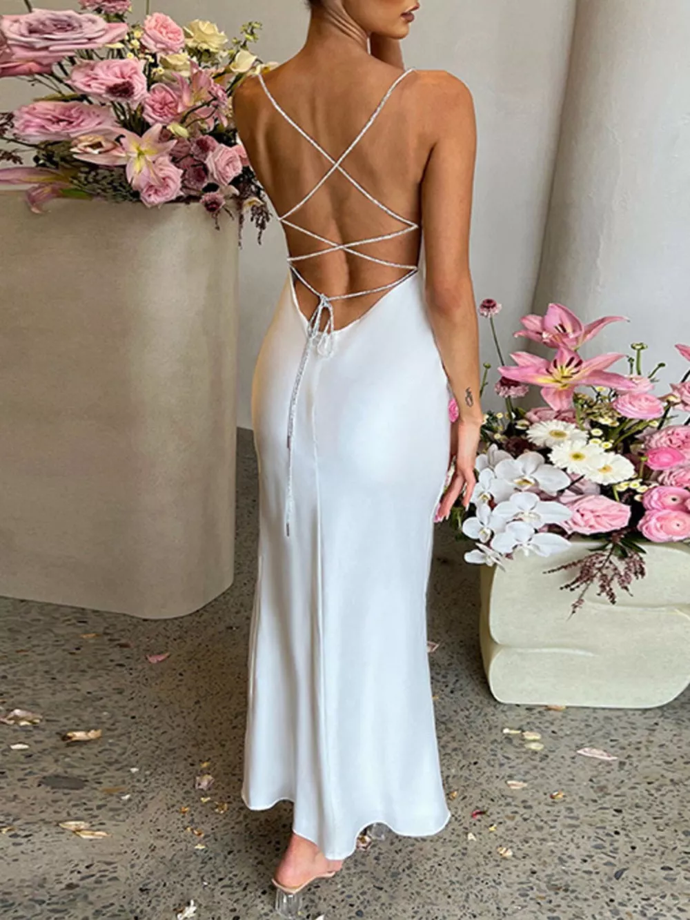 Slinky Satin Cowl Neck High Slit Dress with Back Lace Up, image 5