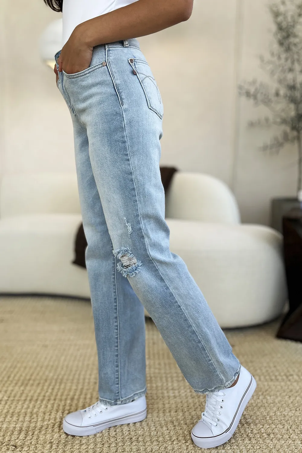 Full Size High Waist Distressed Straight Jeans, image 4