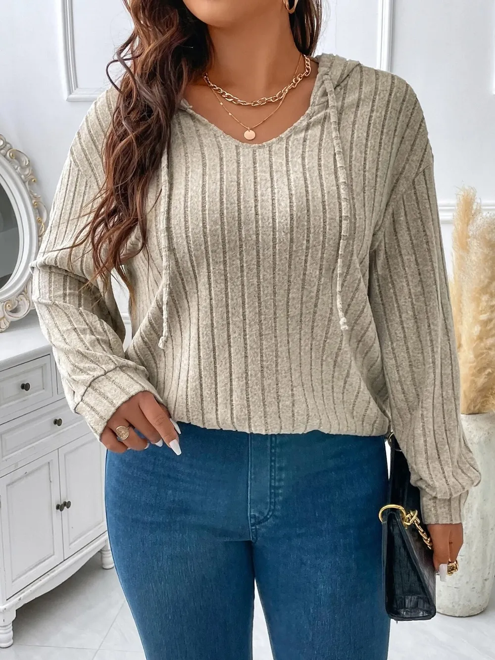 Plus Size Drawstring Dropped Shoulder Hooded T-Shirt, image 5