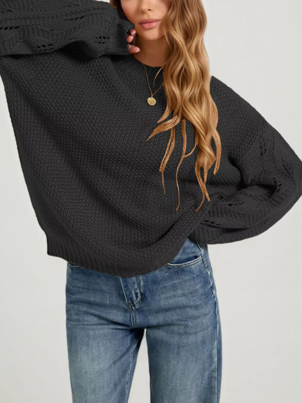 Textured Knit Openwork Dropped Shoulder Sweater, image 8