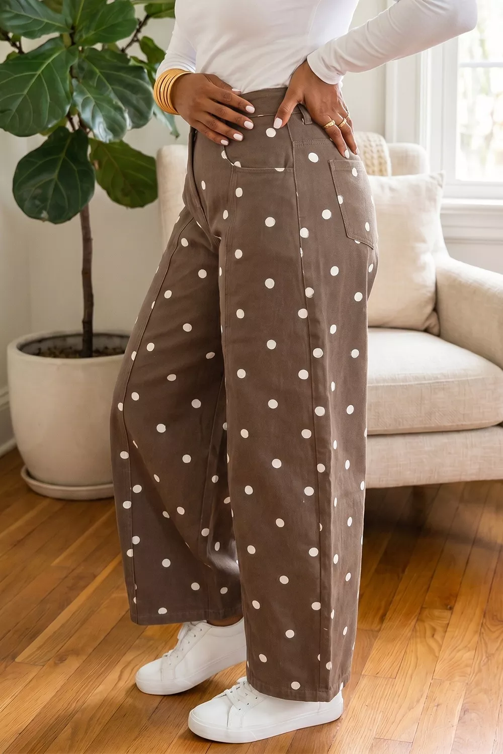 Tailored Seam Polka Dot Print Barrel Casual Jeans, image 4