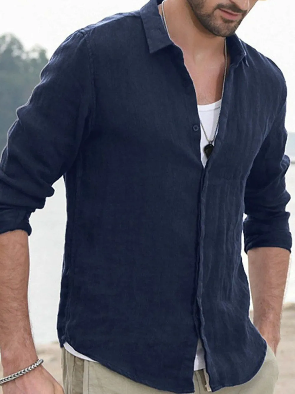 Men's Full Size Casual Linen Long Sleeve Shirt Plus Size, image 5