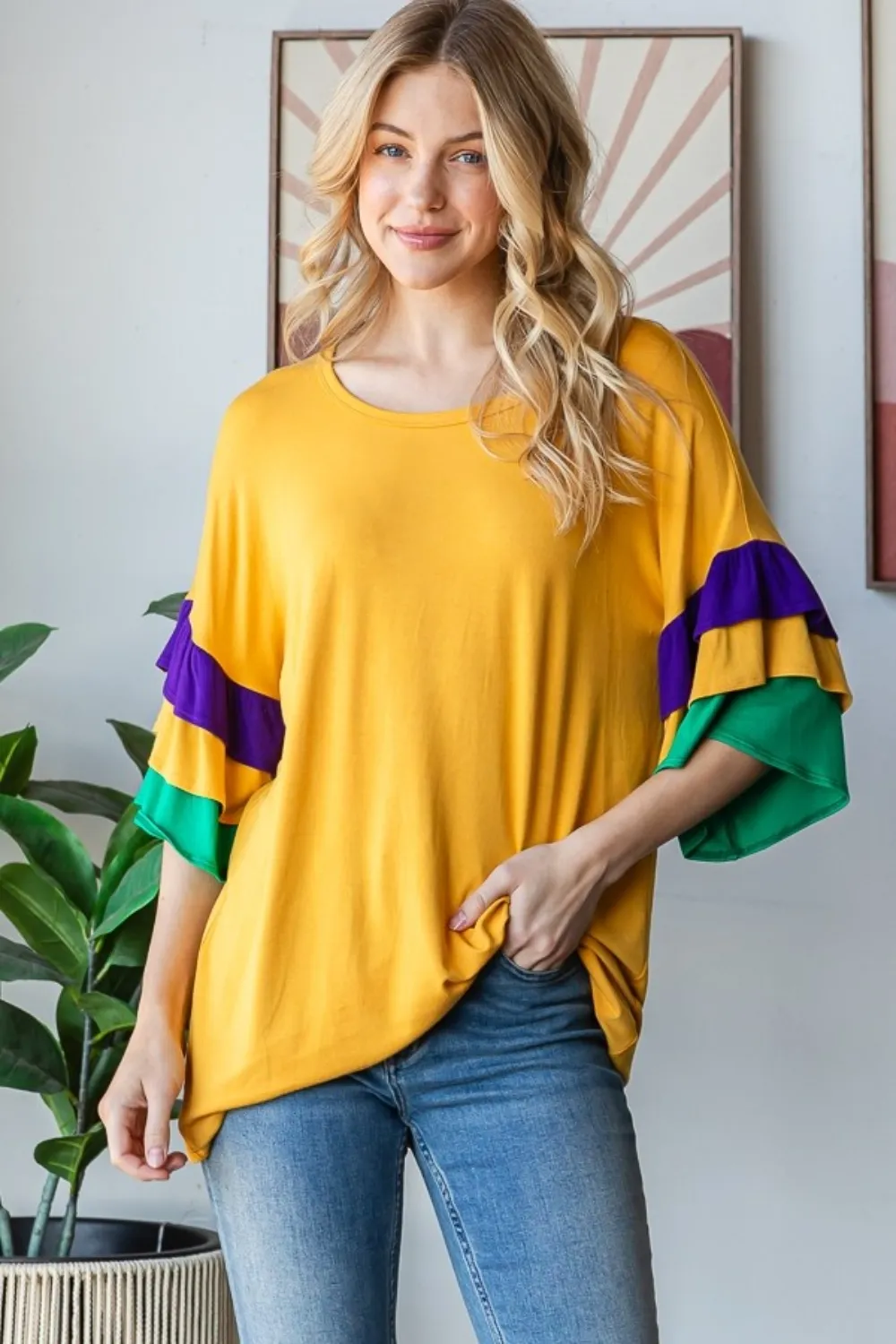 Full Size Round Neck Color Block Ruffled Half Sleeve Top Plus Size