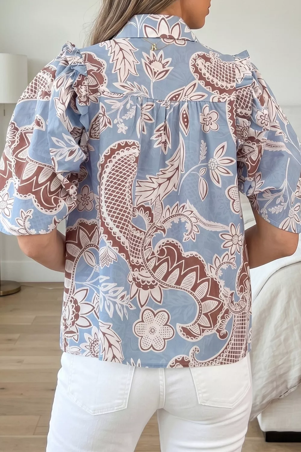 Floral Print Scalloped Trim Button Down Short Sleeve Shirt, image 2