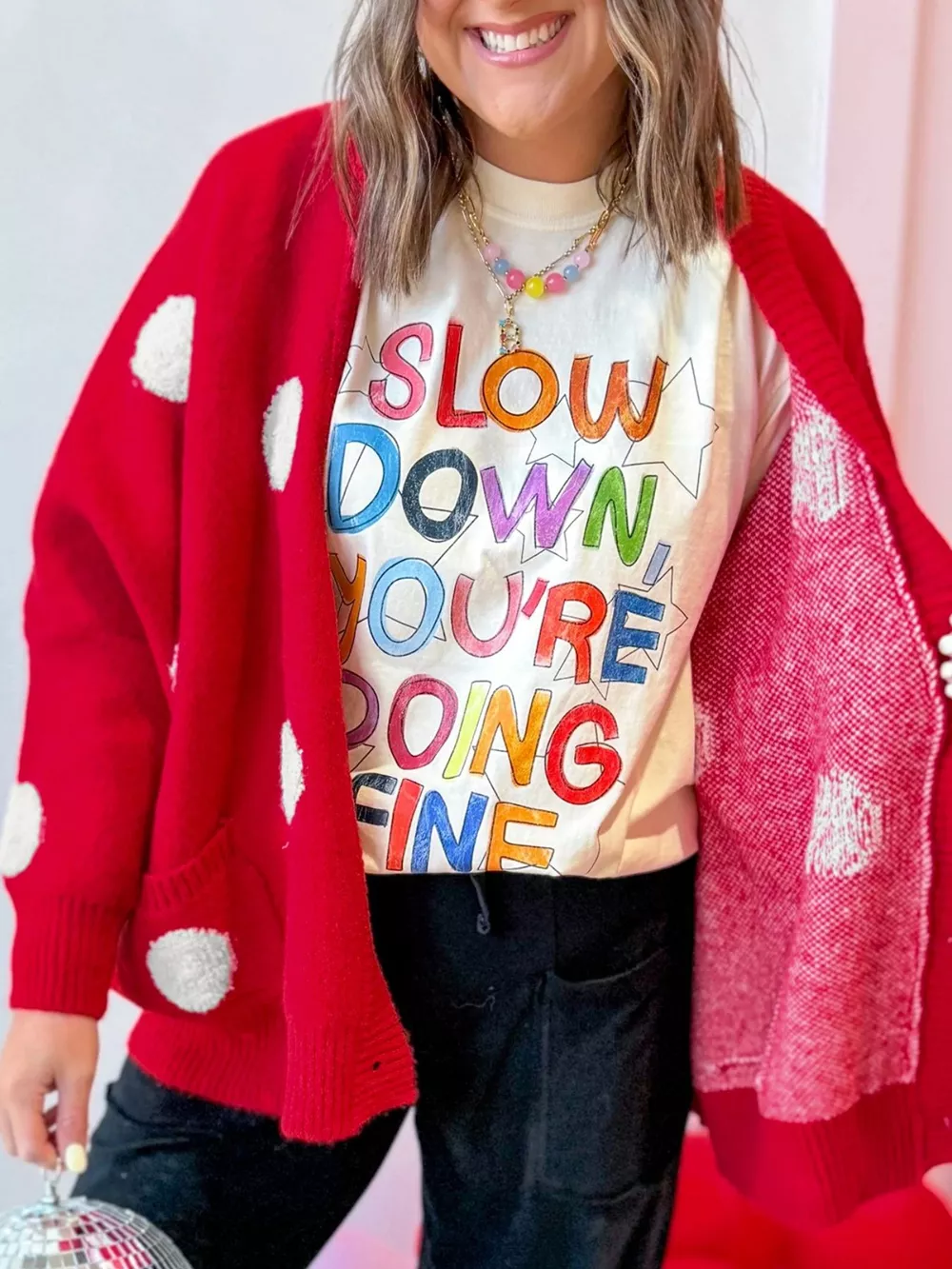 Polka Dot Button Front Oversized V Neck Cardigan, image 4