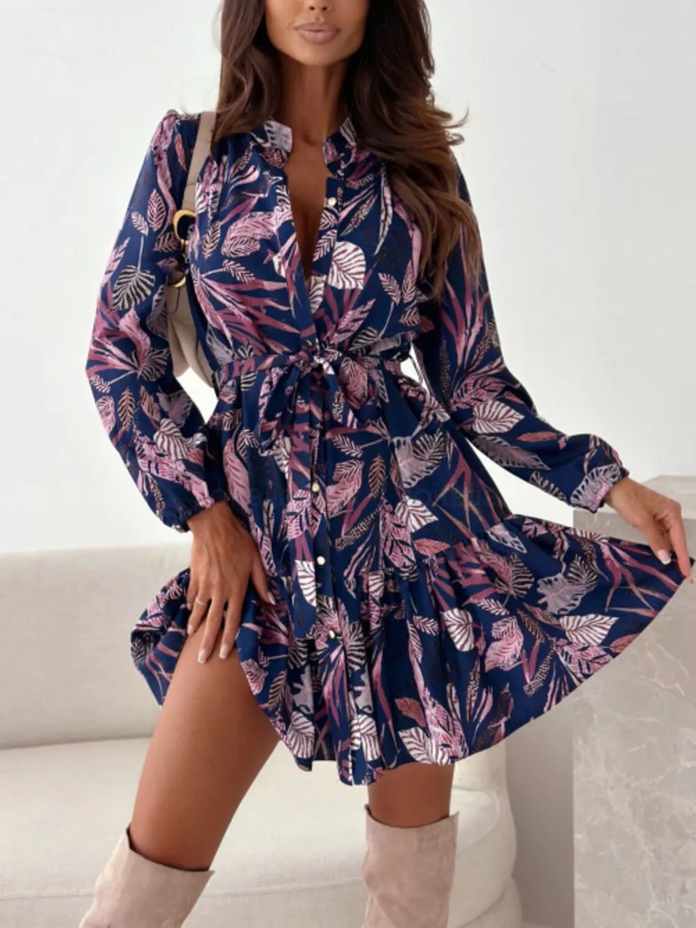 Floral Print Tie Waist Mini Dress, image 3