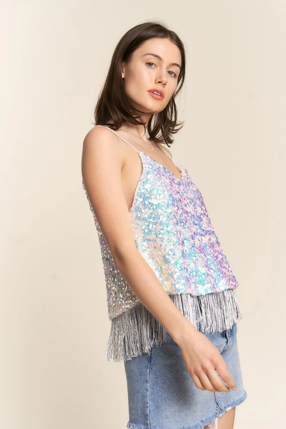 Sequin Tassel Hem Flowy Cami, image 3