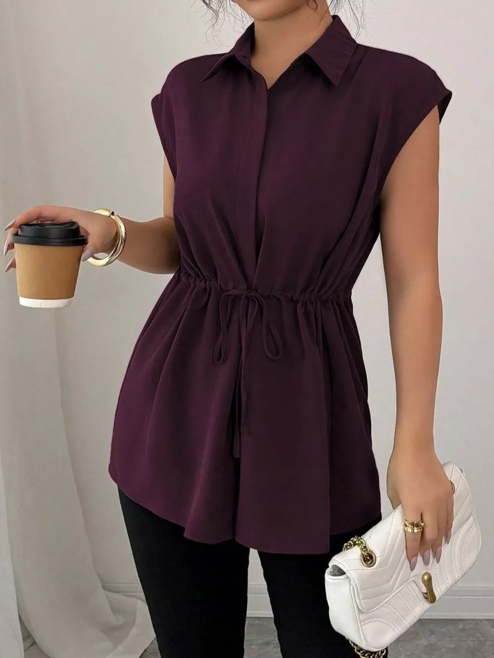 Drawstring Waist Cap Sleeve Shirt, image 12