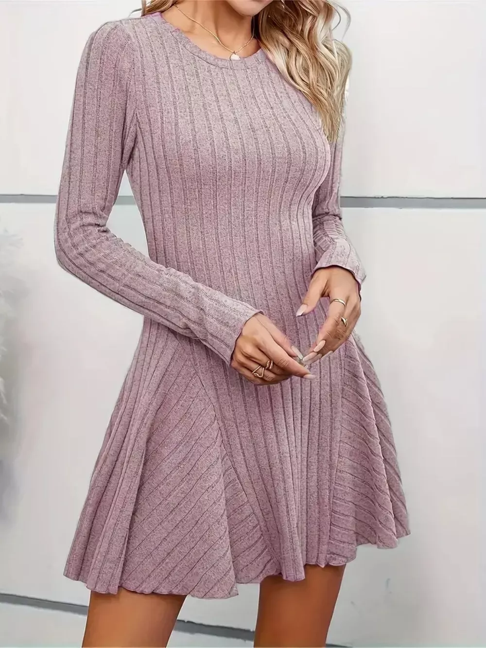 Ribbed Knit Long Sleeve A-Line Dress, image 13