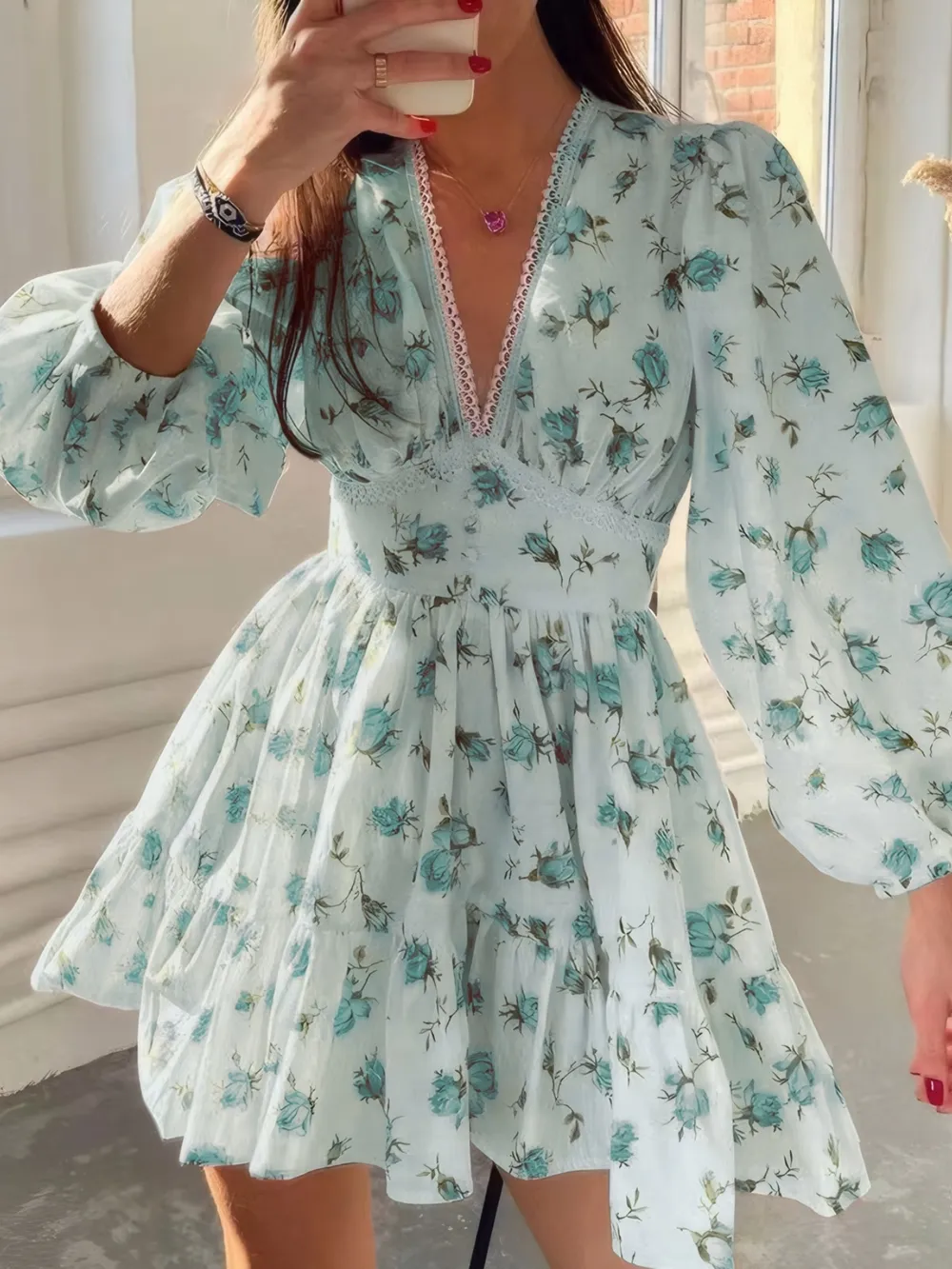 Full Size Floral Print Lace Detail V-Neck Mini Dress Plus SIze