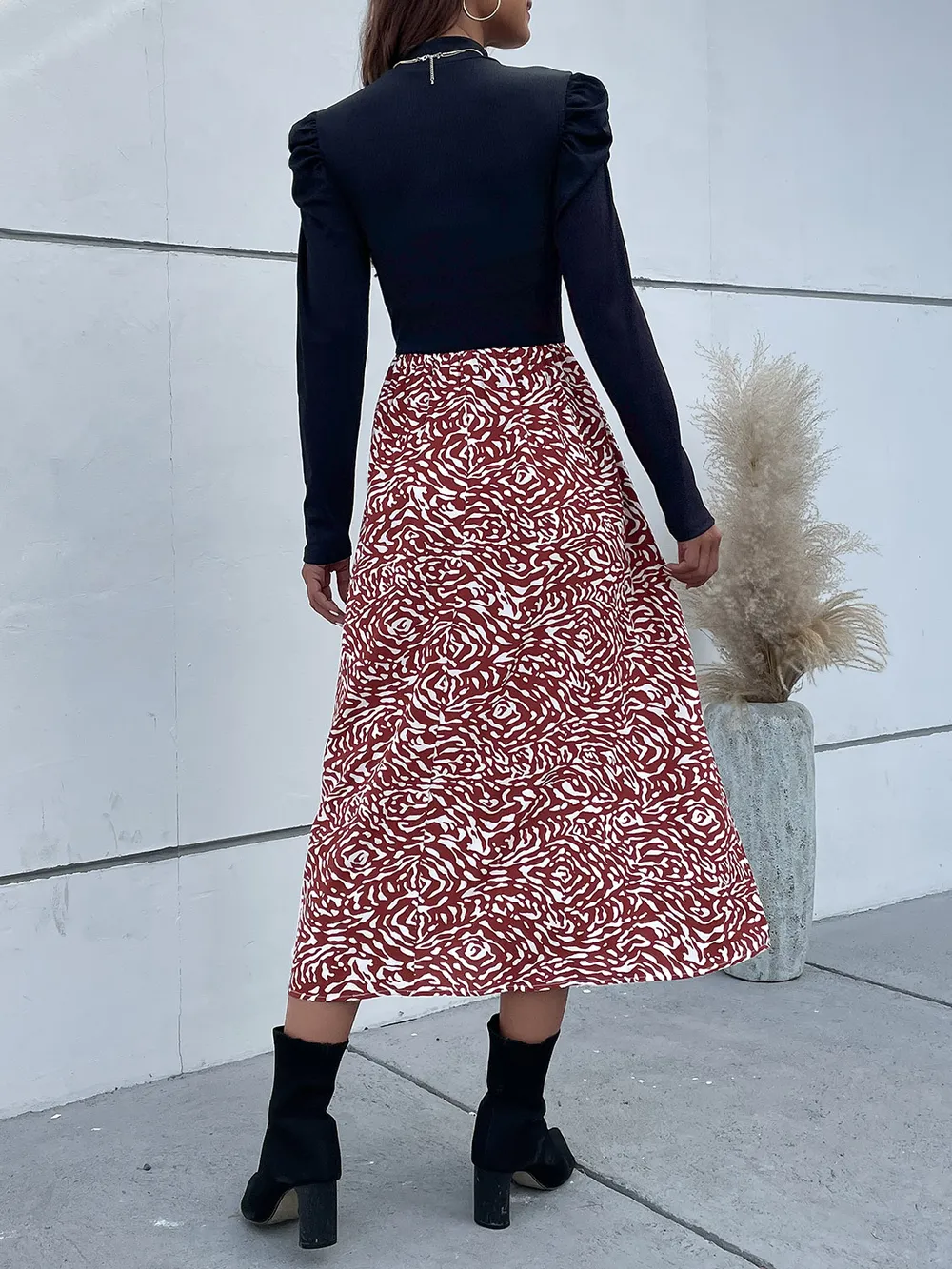 Printed Mock Neck Puff Sleeve Midi Dress, image 2