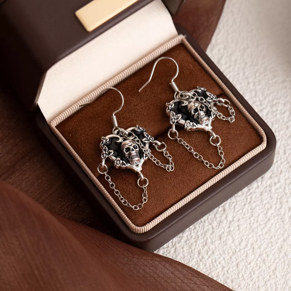 Halloween Alloy Heart Skull Earrings with Chain Detail, image 4