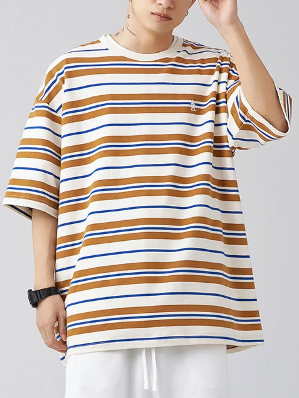 Men's Plus Size Basic style Round Neck Striped T-Shirt, image 8