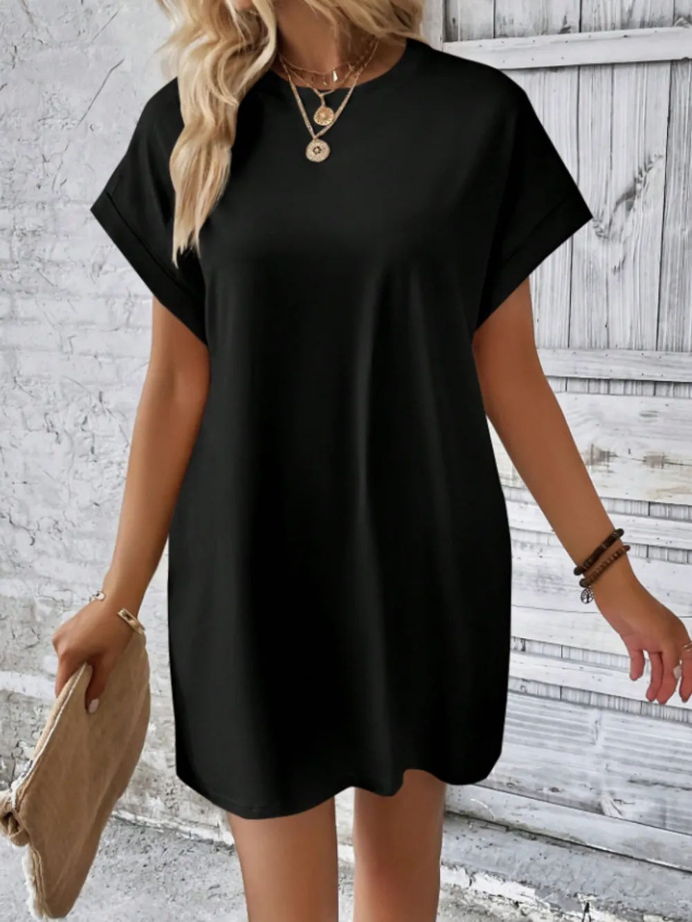 Round Neck Short Sleeve Mini Tee Dress with Pockets, image 5