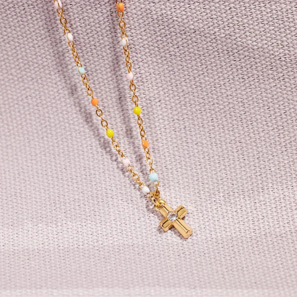 Inlaid Zircon 18K Gold-Plated Cross Bead Necklace, image 5