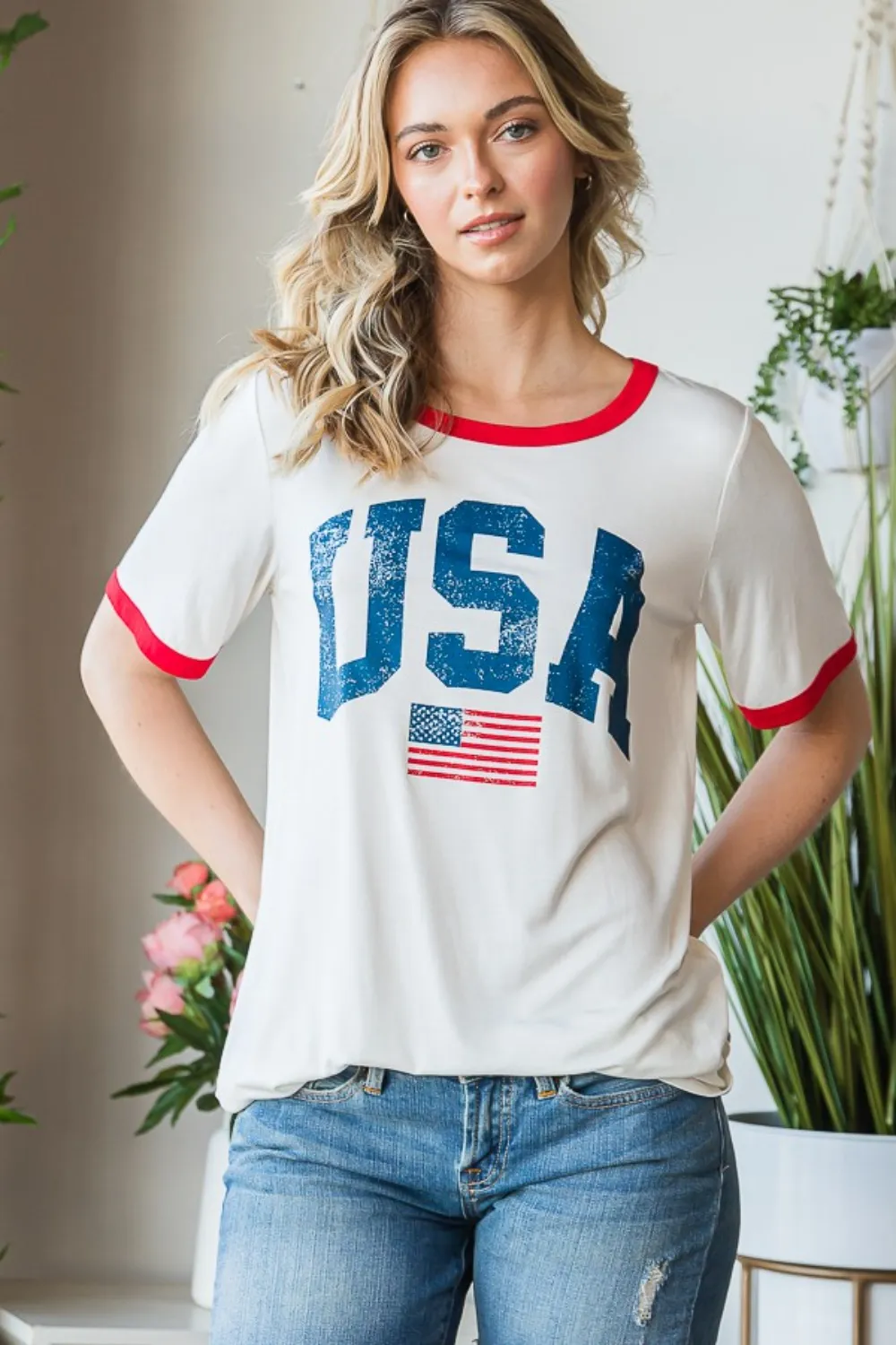 Full Size USA Contrast Trim Short Sleeve T-Shirt, image 4