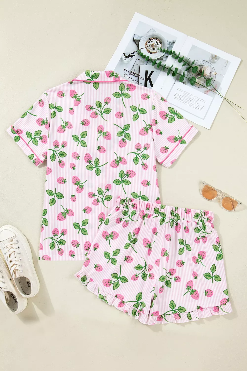 Striped Strawberry Print Lapel Shirt Drawstring Shorts 2pcs Pajama Set, image 4