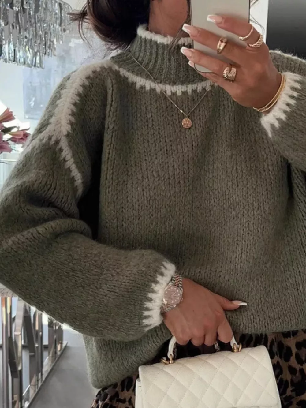 Contrast Trim Turtleneck Long Sleeve Sweater, image 2