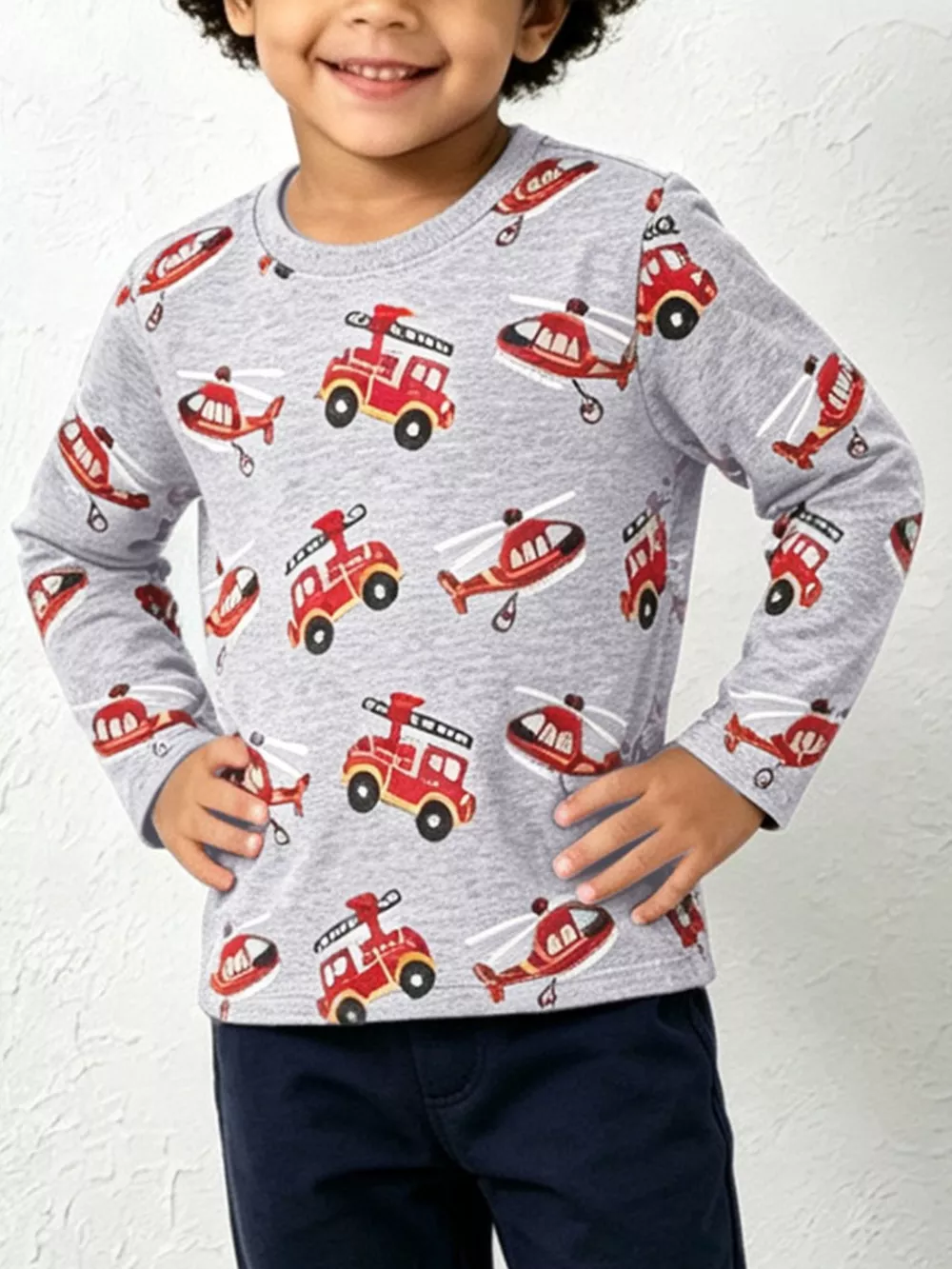 Children's Fire Truck Helicopter Print Long Sleeve Crew Neck T-Shirt