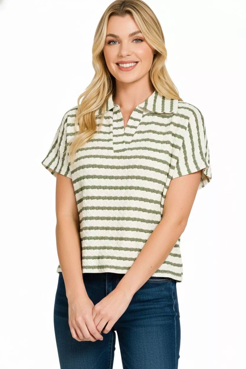 Striped Split Neck Collared Top, image 2