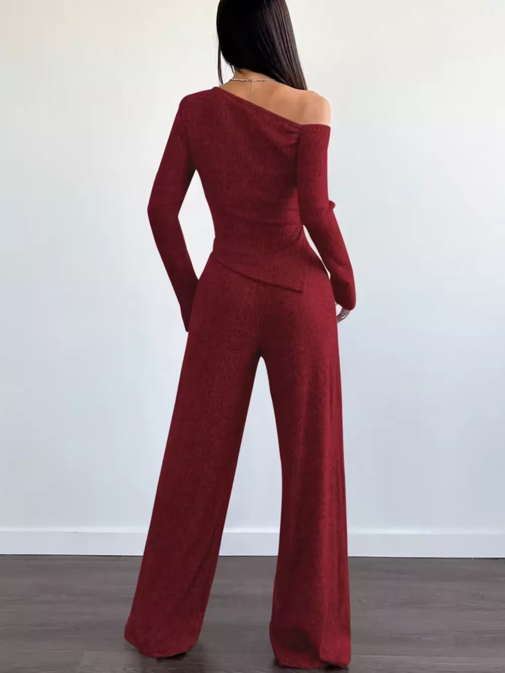 Chic One-Shoulder Asymmetrical Top and Wide-Leg Pants Set, image 12