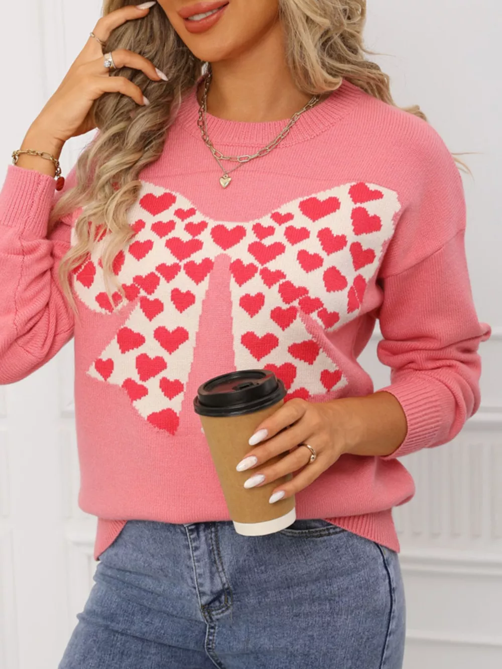 Valentine's Day Heart Bow Round Neck Sweater, image 4