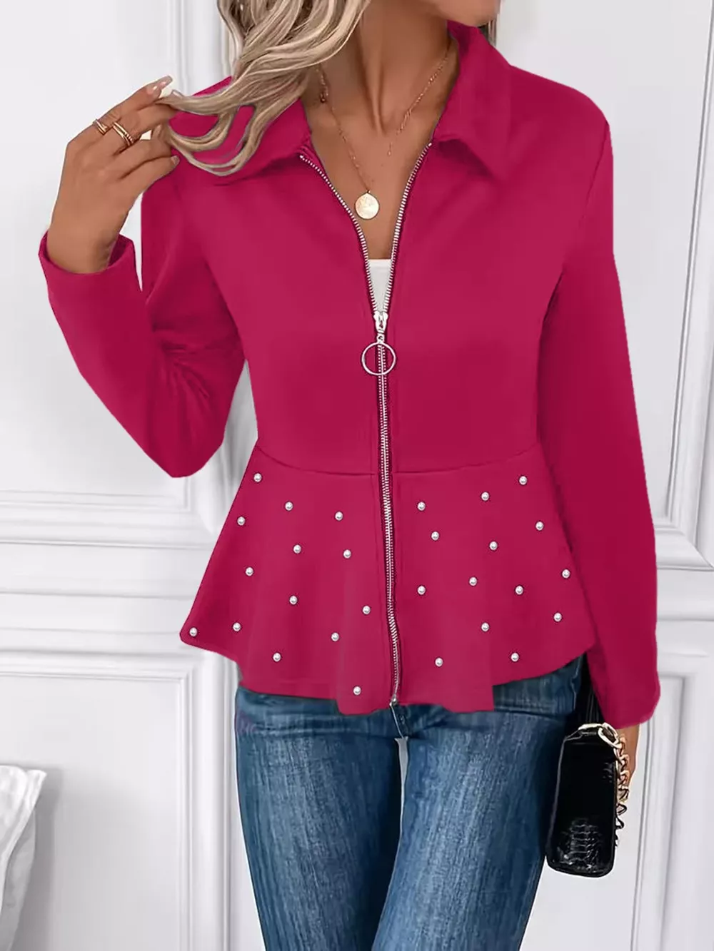 Pearl Embellished Zip-Up Peplum Outerwear, image 12