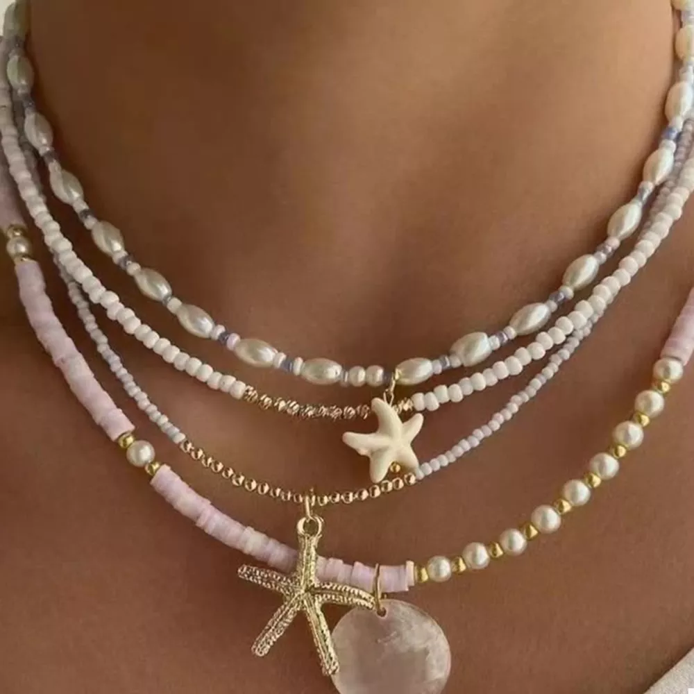 4 Piece Beaded Starfish Charm Necklace