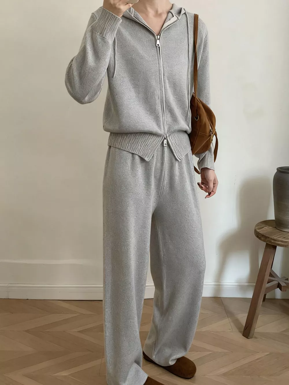 Zip Up Cardigan and Drawstring Wide Leg Pants Knit Set, image 6