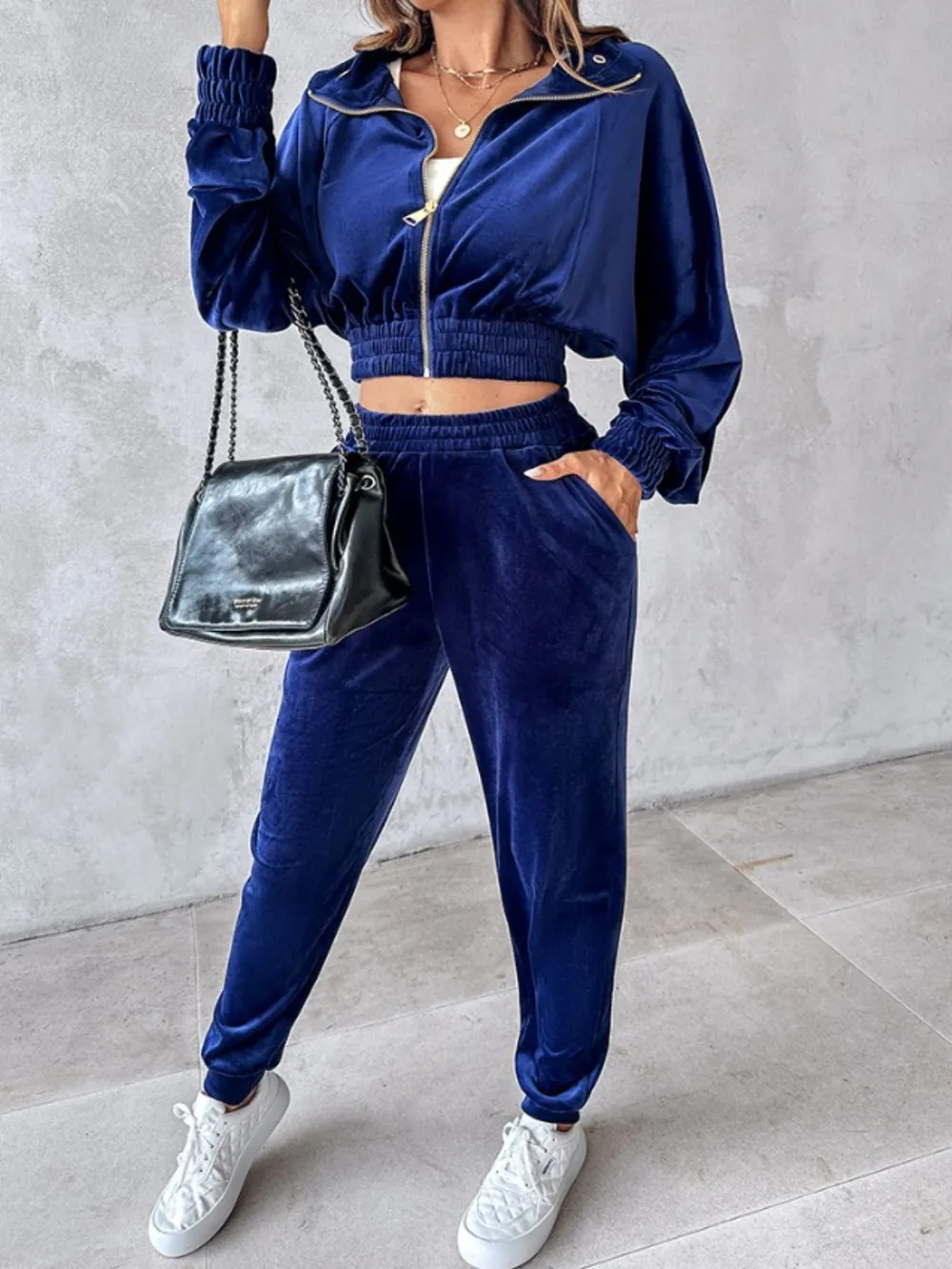 Zip Up Long Sleeve Cropped Top and Joggers Set, image 6