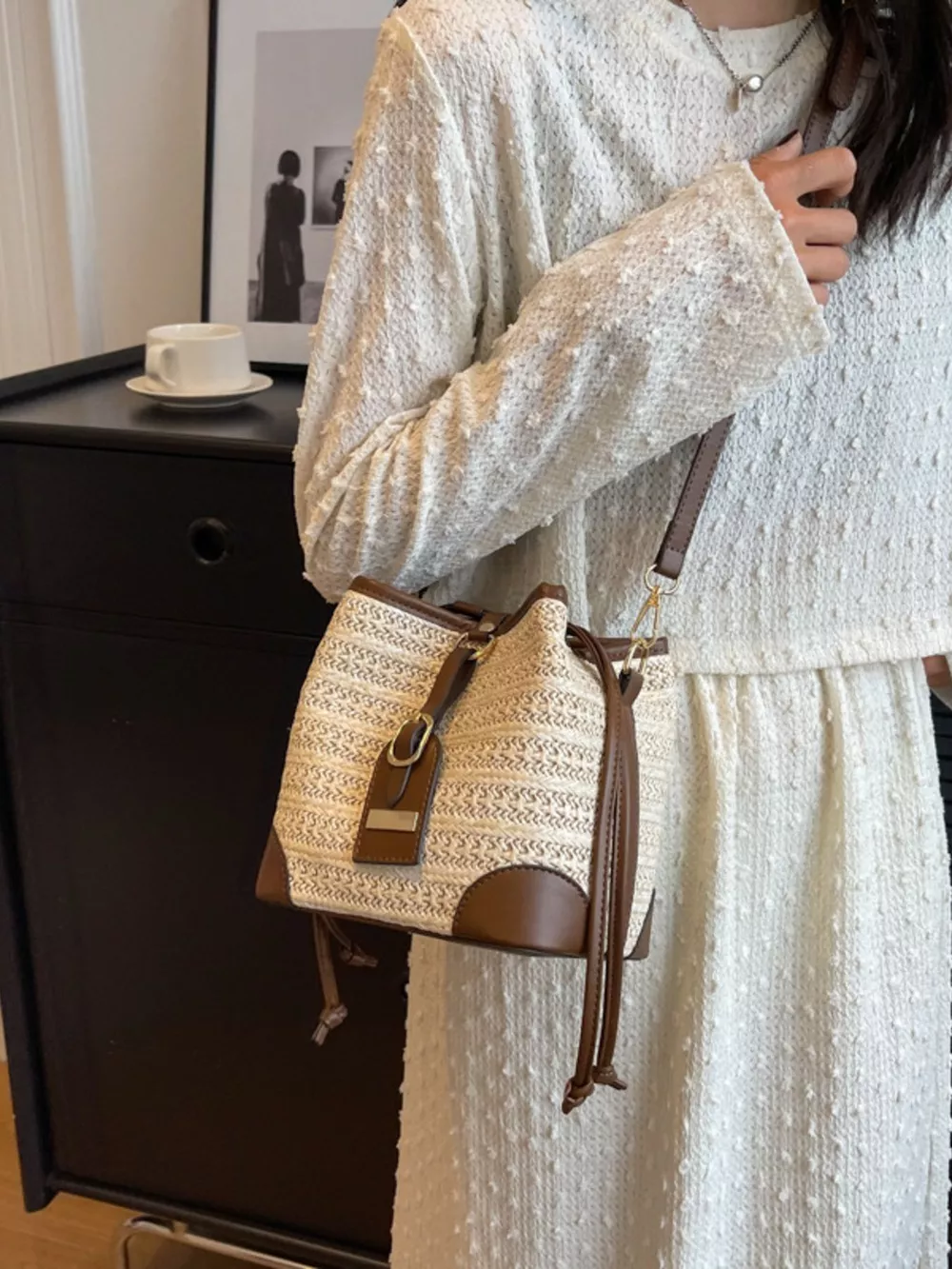 Woven Straw Bucket Crossbody Bag, image 6