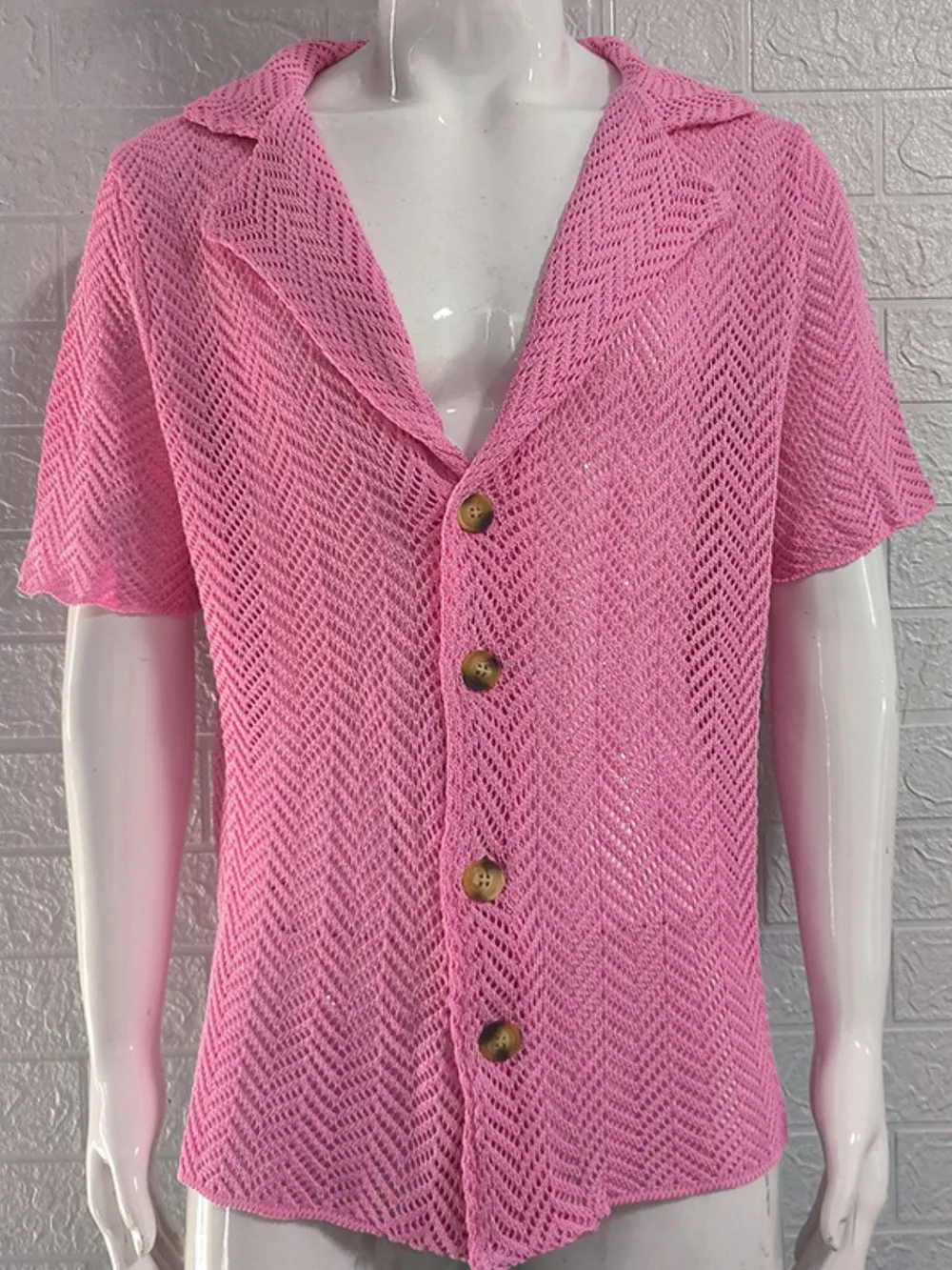 Men's Plus Size Herringbone Eyelet Button Down Knit Shirt, image 7