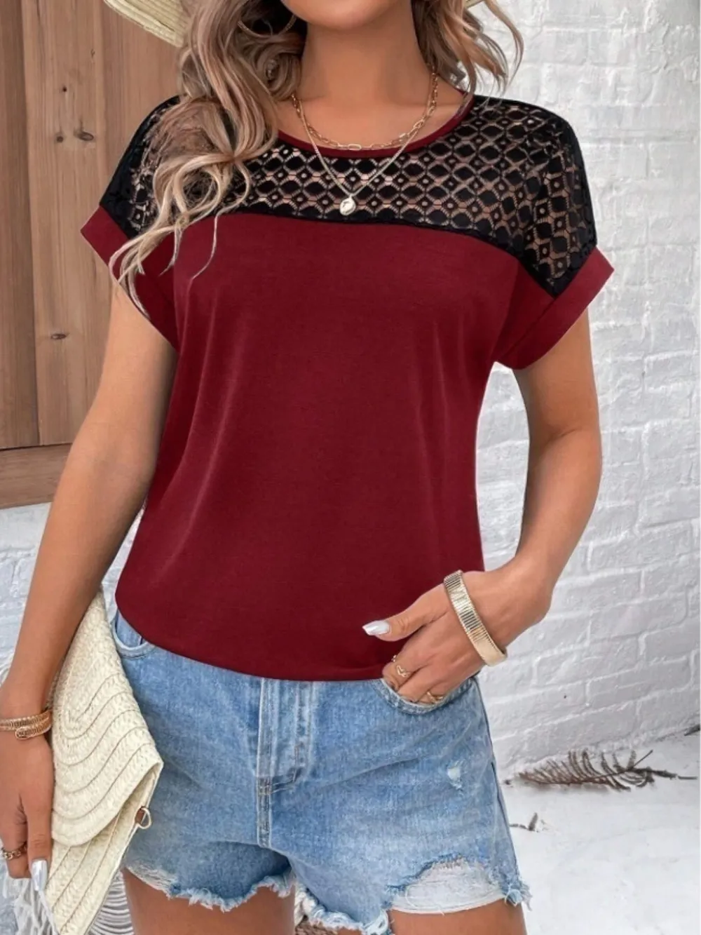 Contrast Lace Round Neck Short Sleeve Blouse