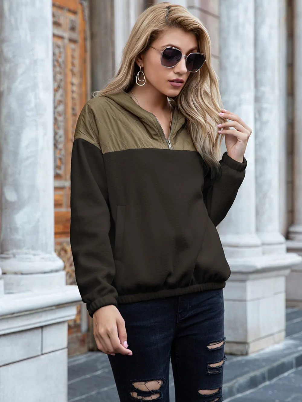 Pocketed Color Block Quarter Zip Hoodie, image 16