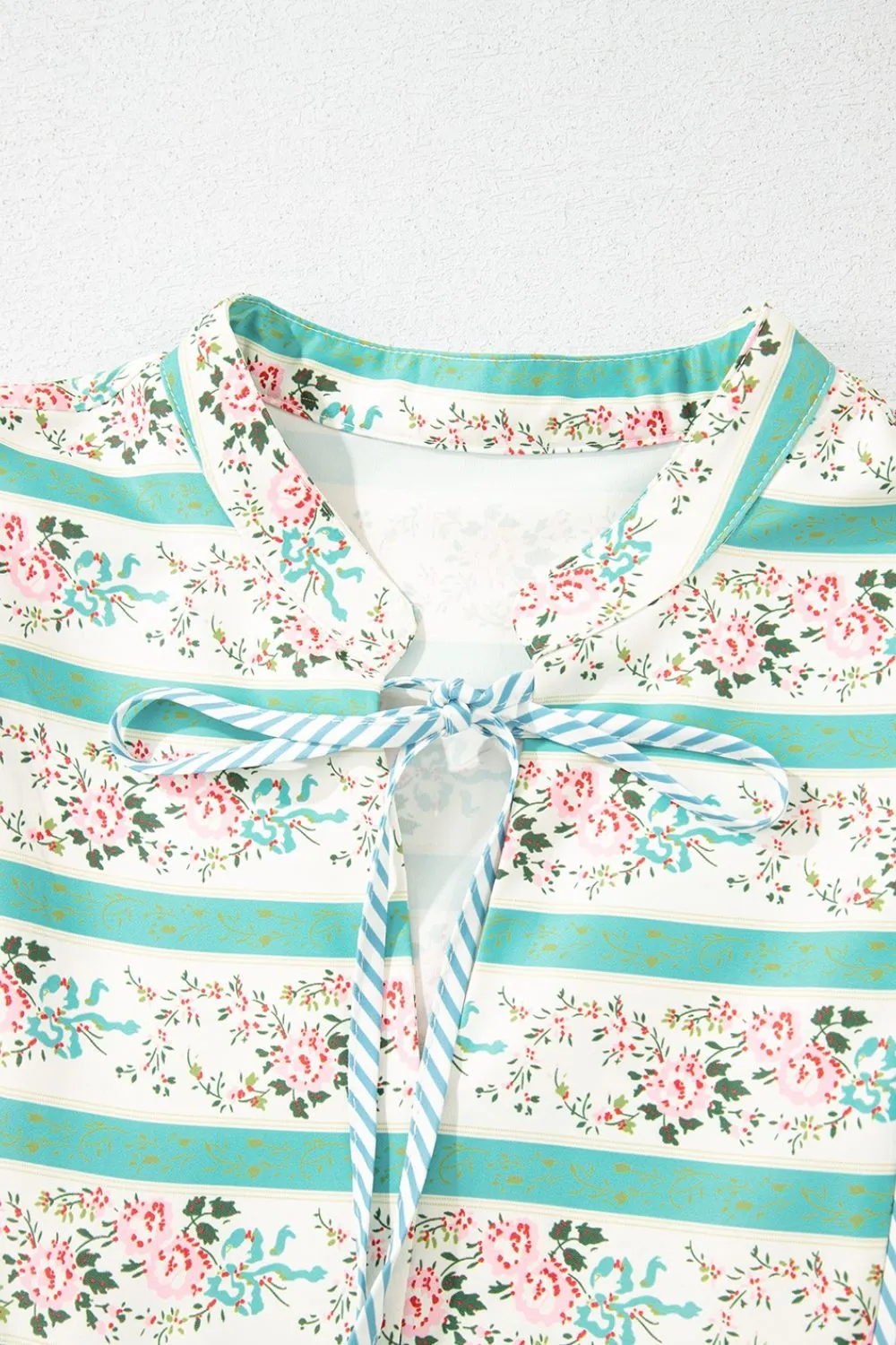 Striped Floral Print Tie Neck Puff Sleeve Midi Dress, image 6