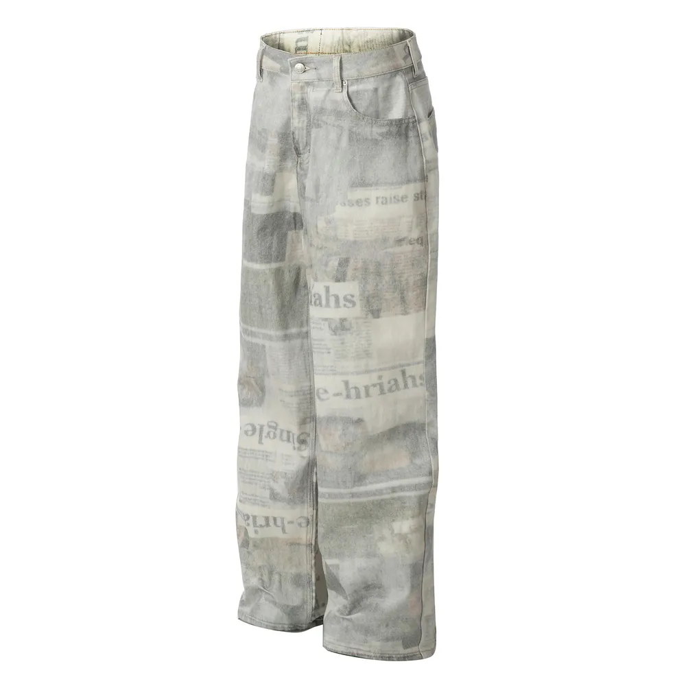 Men's Vintage Newspaper Print Wide Leg Baggy Jeans, image 3