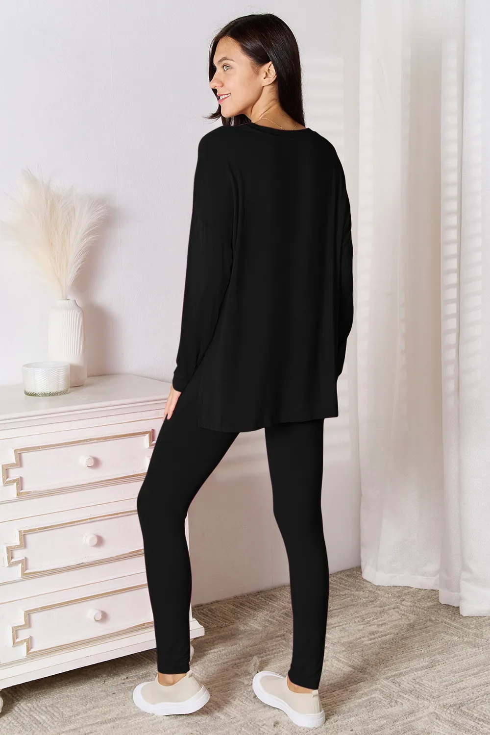 Bamboo Full Size V-Neck Long Sleeve Top and Pants Lounge Set, image 3