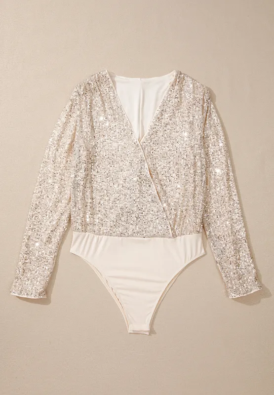Sequin Surplice Long Sleeve Bodysuit, image 5