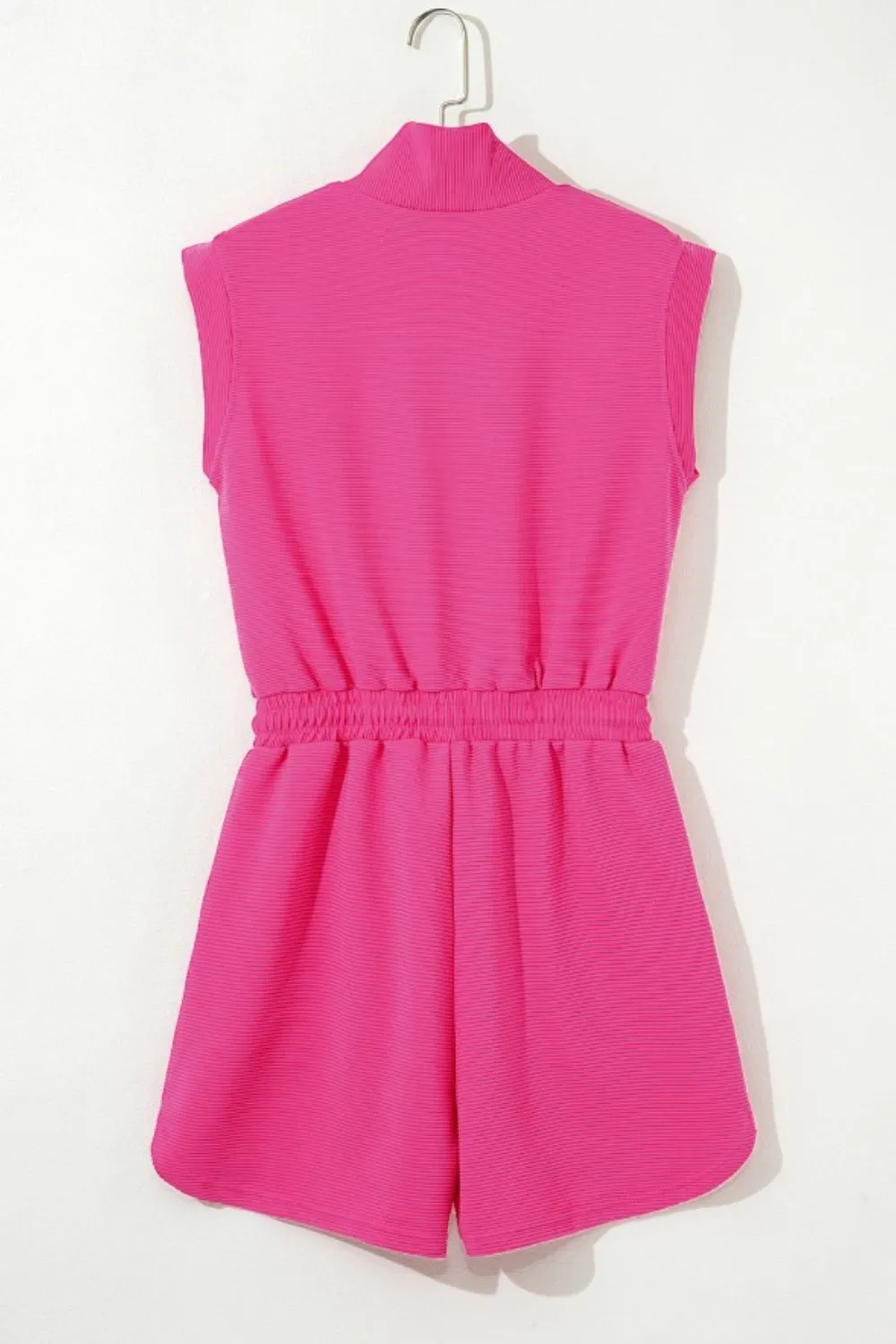 Textured Short Sleeve Half Zip Drawstring Waist Romper, image 9