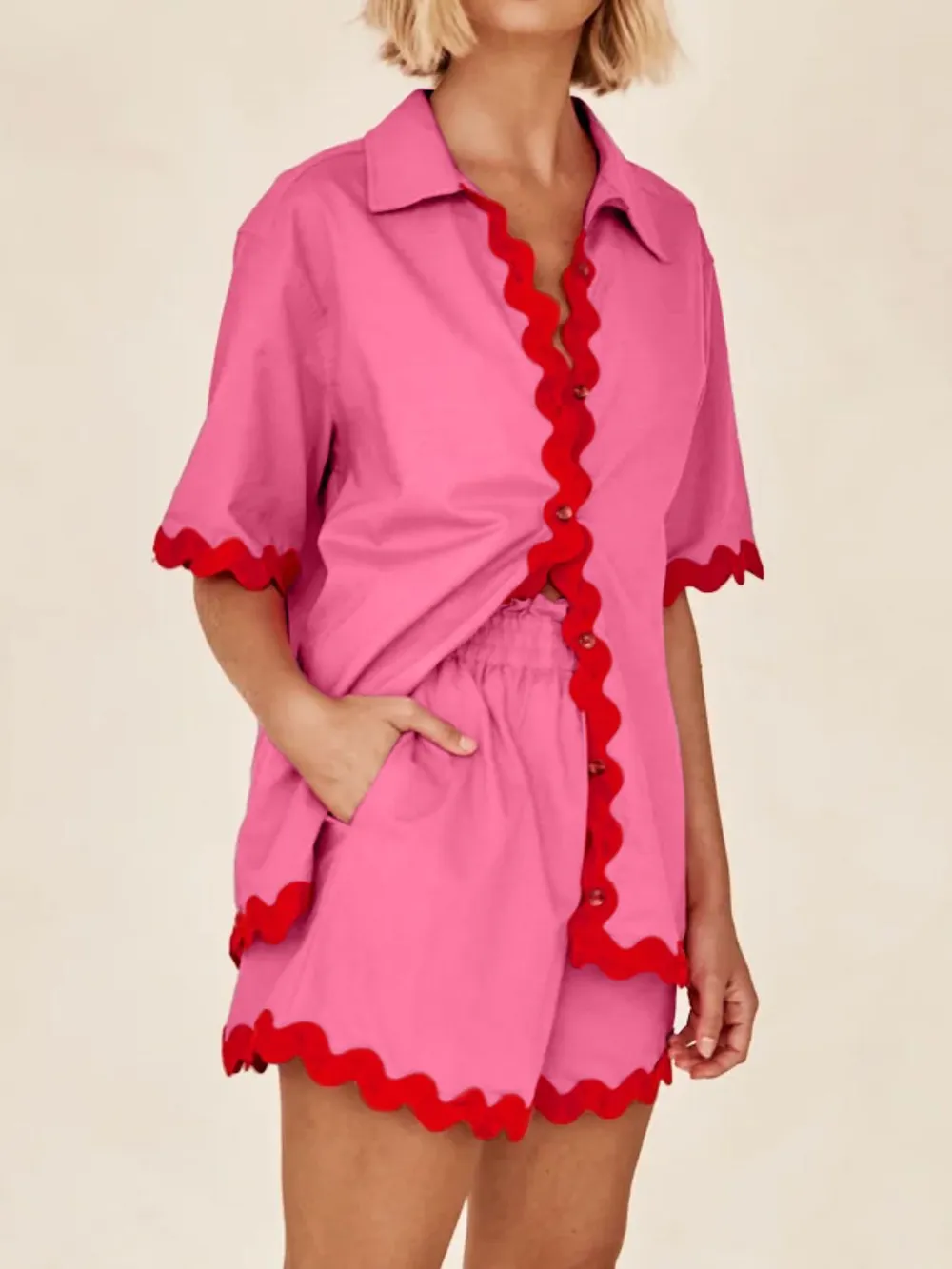 Contrast Trim Half Sleeve Top and Shorts Set, image 2