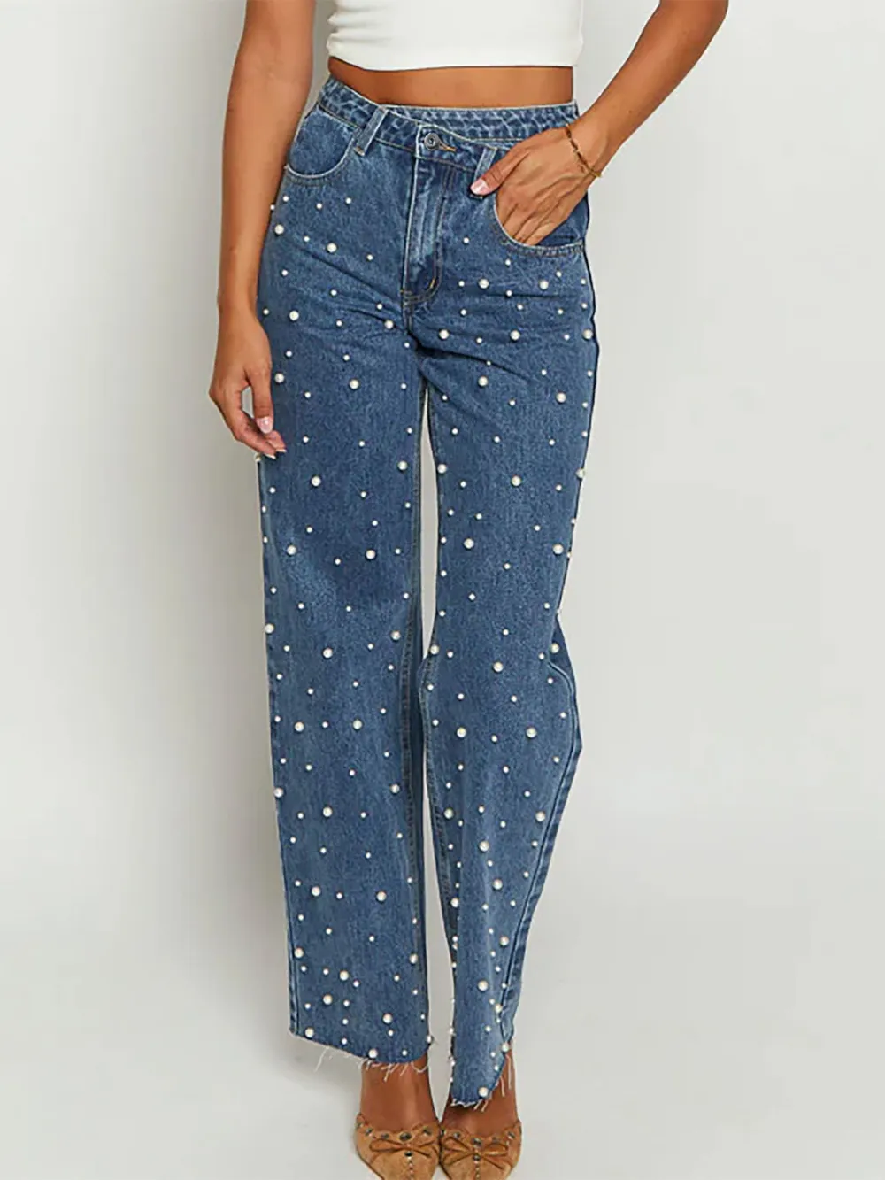 Pearl Embellished High Waist Straight Leg Jeans, image 2
