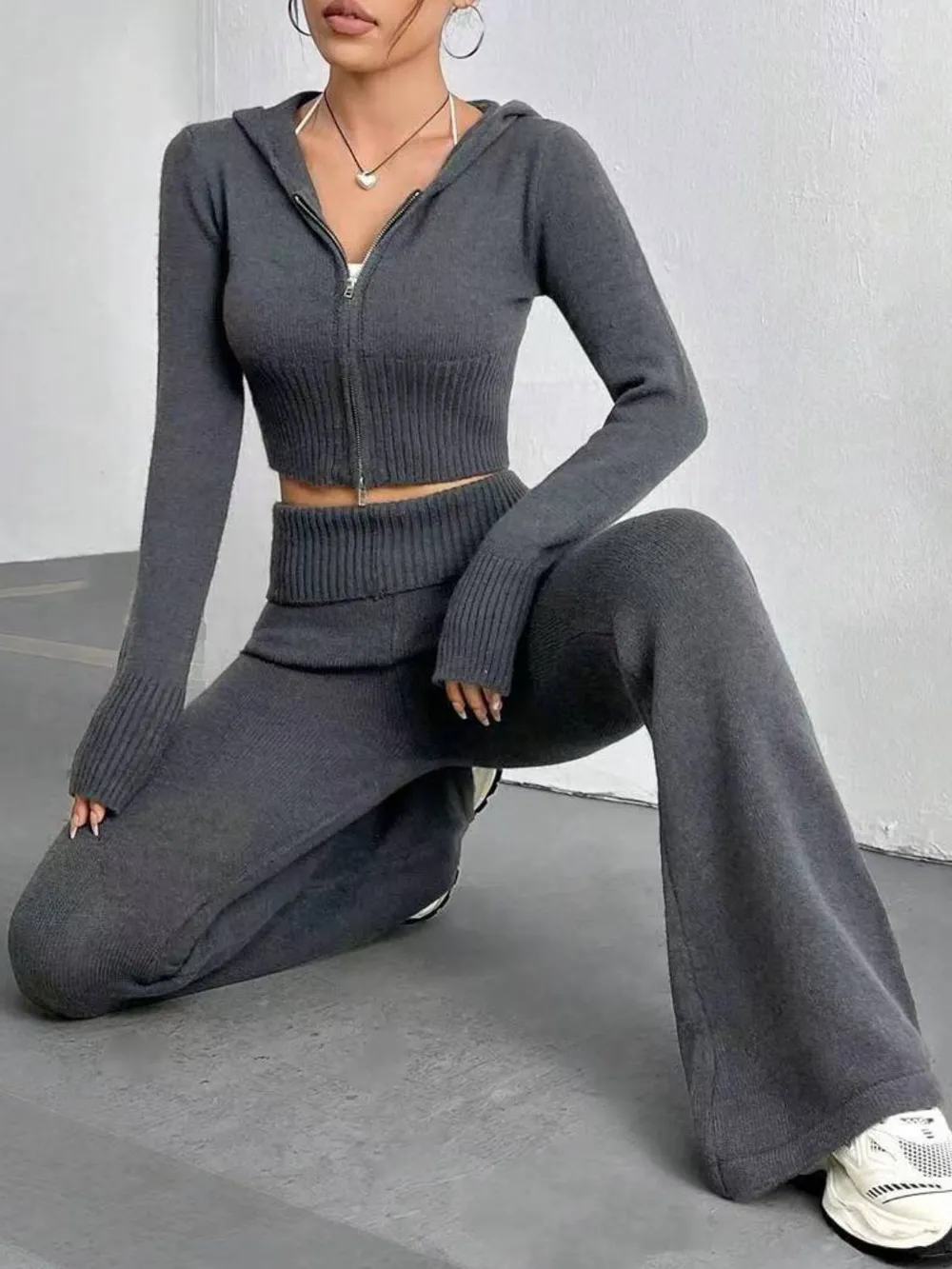 Zip Up Hooded Top and Flare Pants Sweater Set, image 4