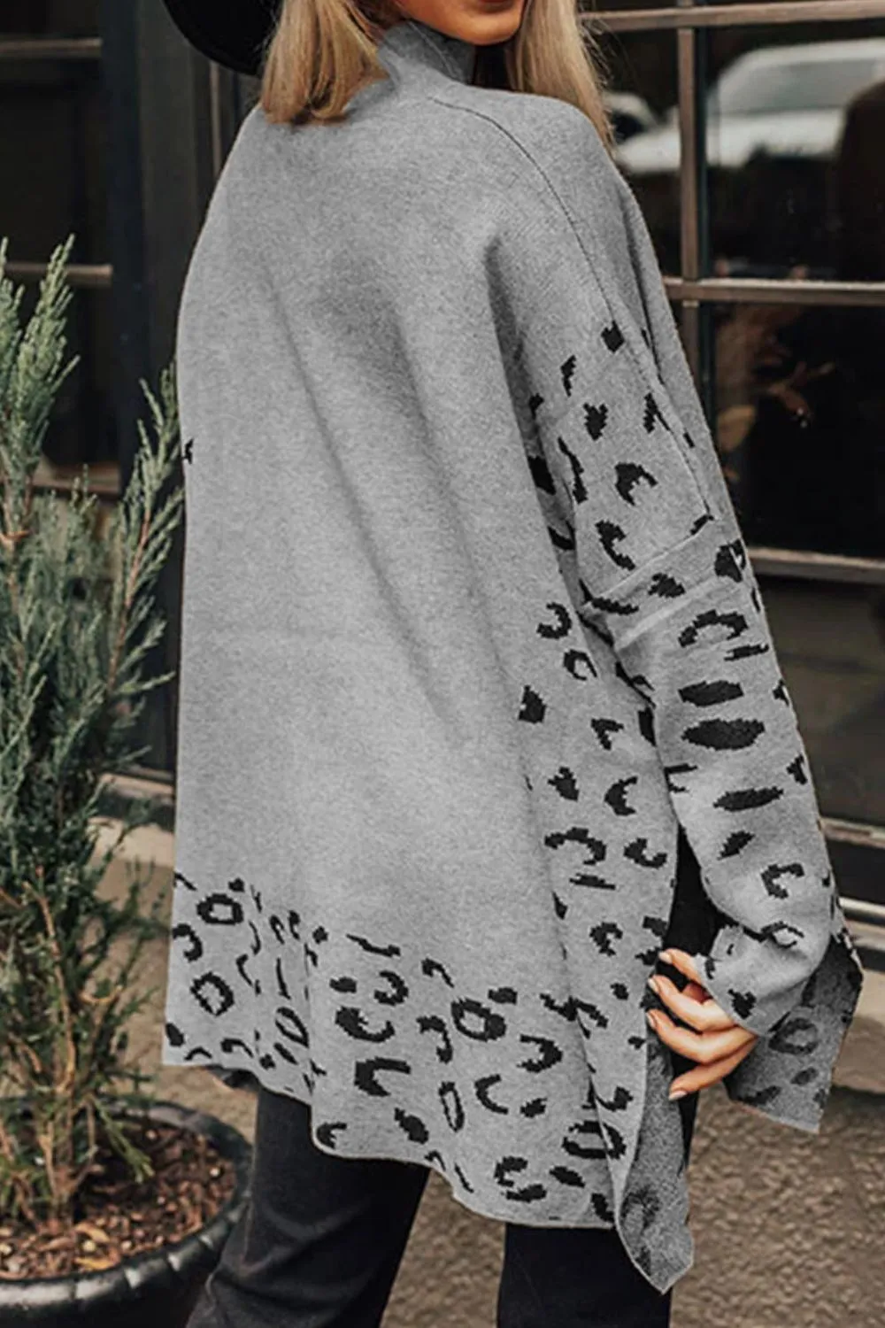 Slit Leopard Mock Neck Dropped Shoulder Sweater, image 6